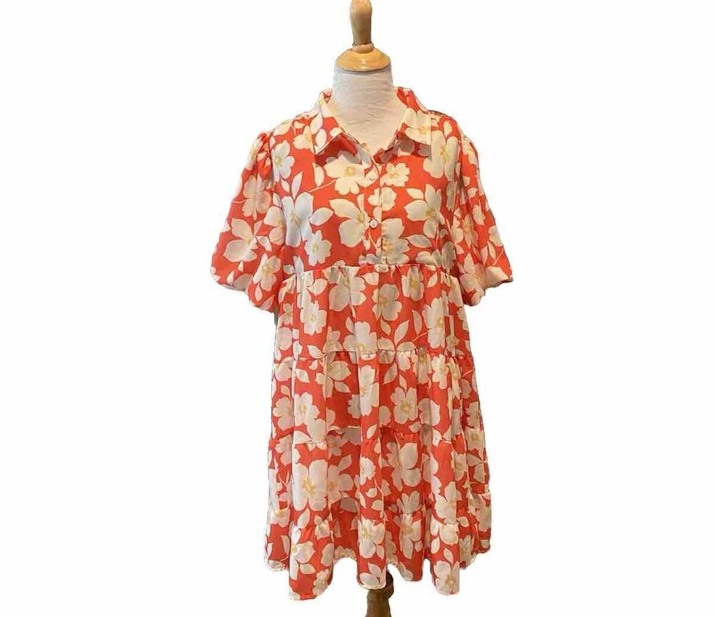 BlueB. Collection Baby Doll Mini Dress Red White Floral Collard Size Large NWOT